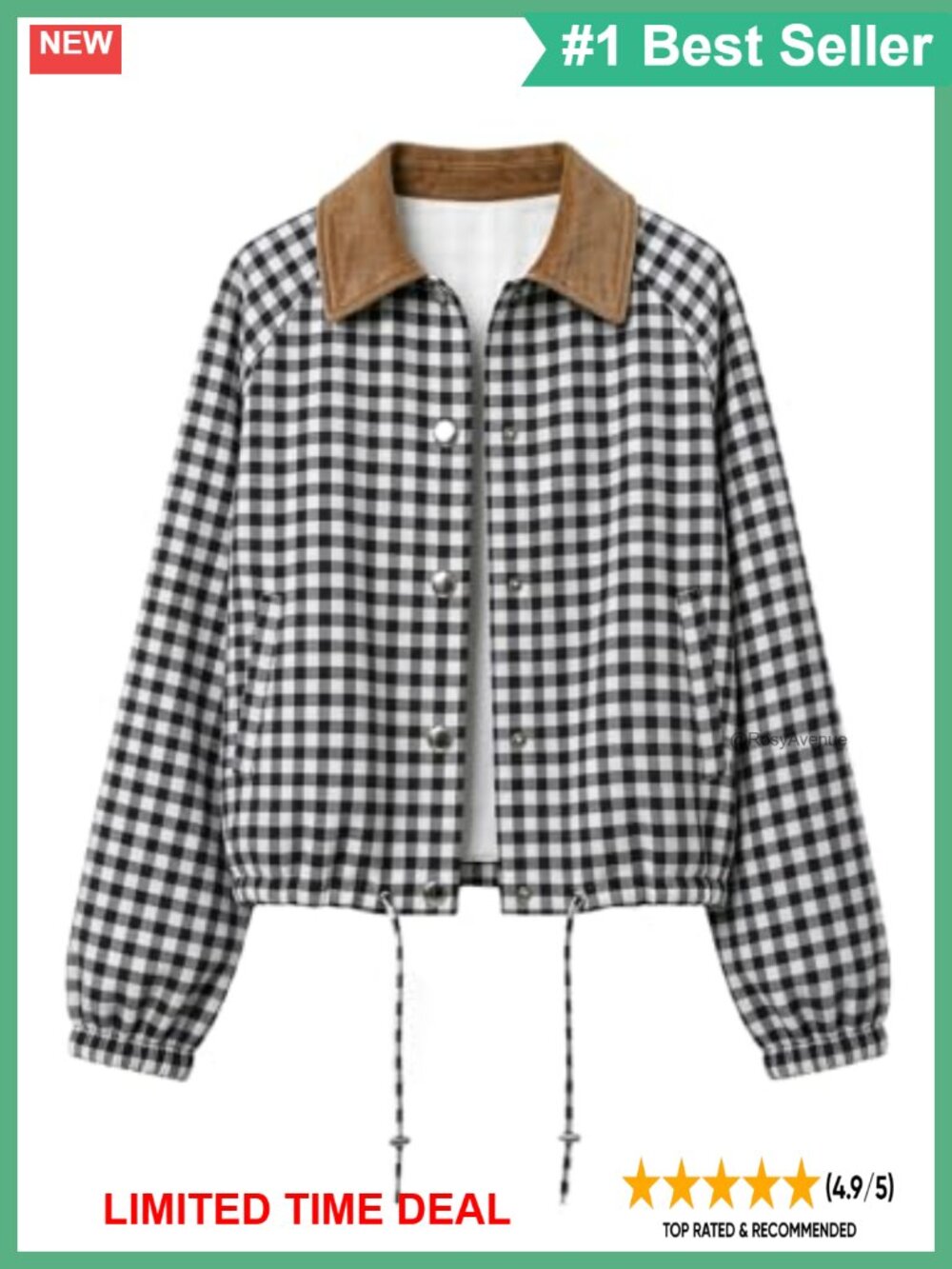 Gingham Plaid Cropped Jacket Button Contrast Collar Drawstring Hem